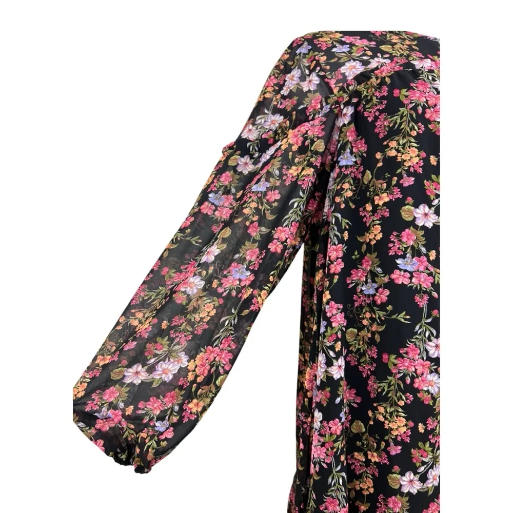 Time and Tru Long Sleeve Floral Ruffle Yoke Shift Dress Black Pink Size Large